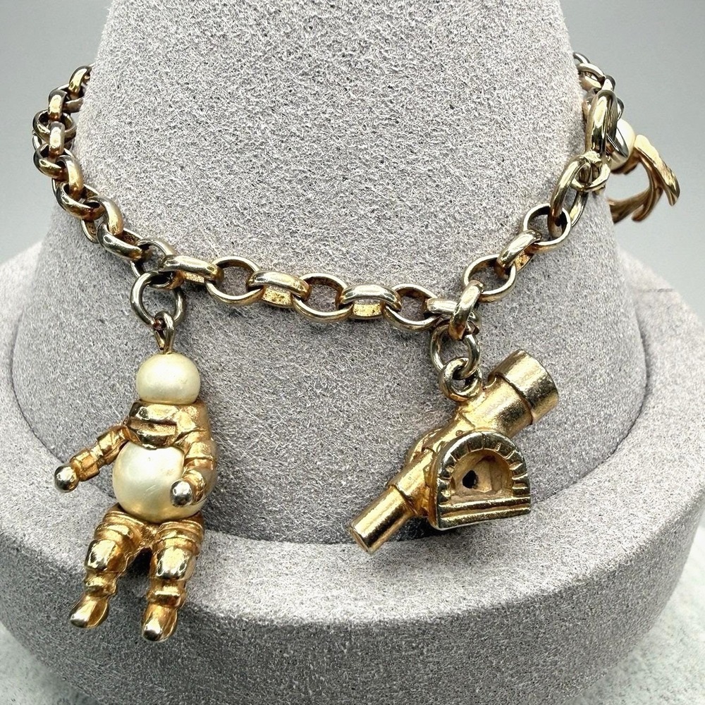 Vintage Charm Bracelet Space Age Sputnik Cosmic Gold Tone Faux Pearl 6.5" MCM
